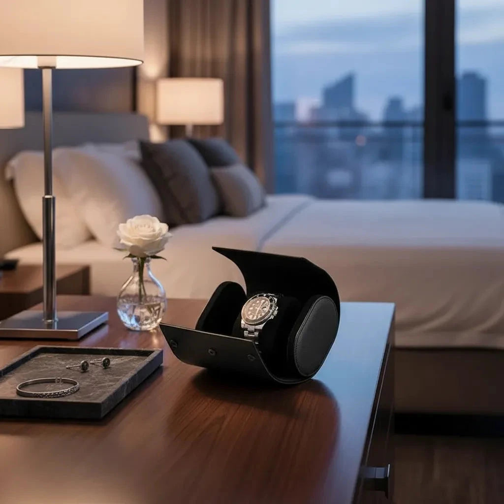 Premium Double Watch Roll in Black Saffiano Leather Super Soft Black Lining