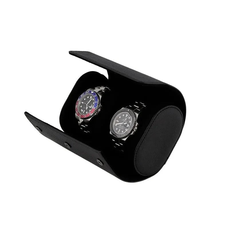 Premium Double Watch Roll in Black Saffiano Leather Super Soft Black Lining