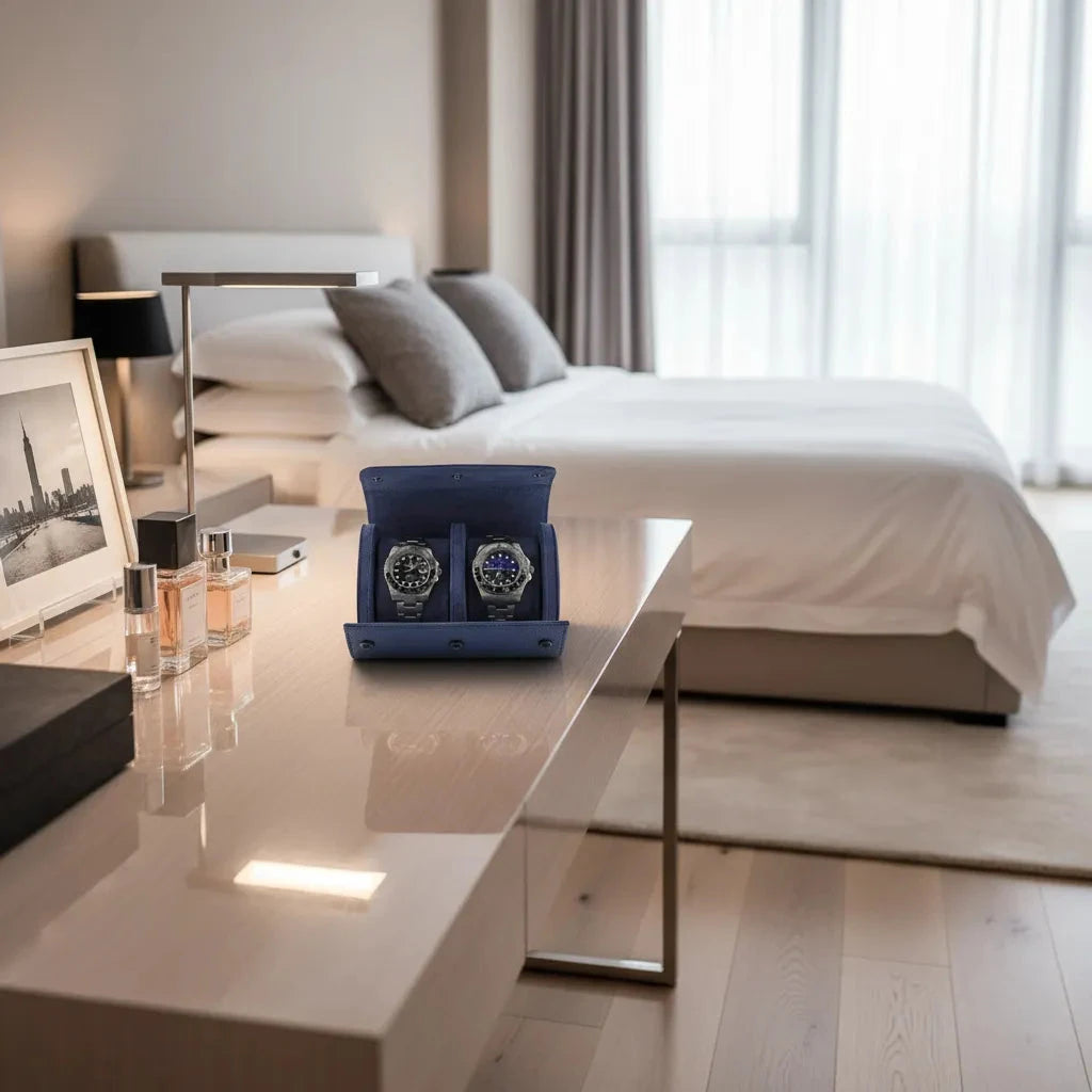 Premium Double Watch Roll in Blue Leather with Super Soft Suede Lining