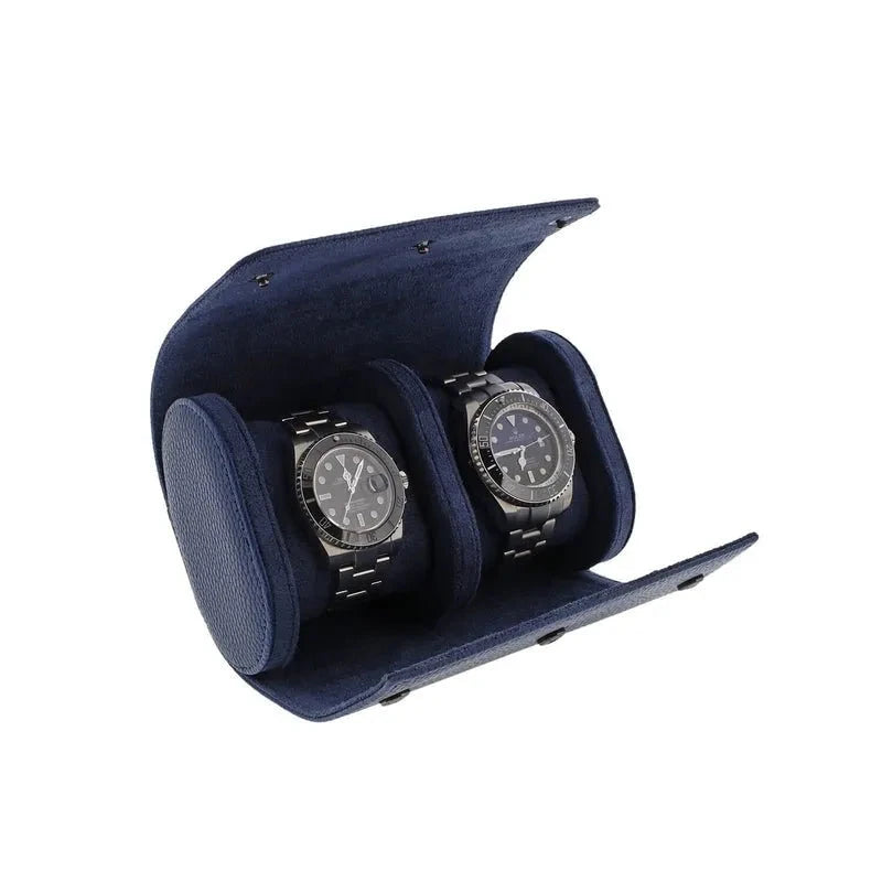 Premium Double Watch Roll in Blue Leather with Super Soft Suede Lining