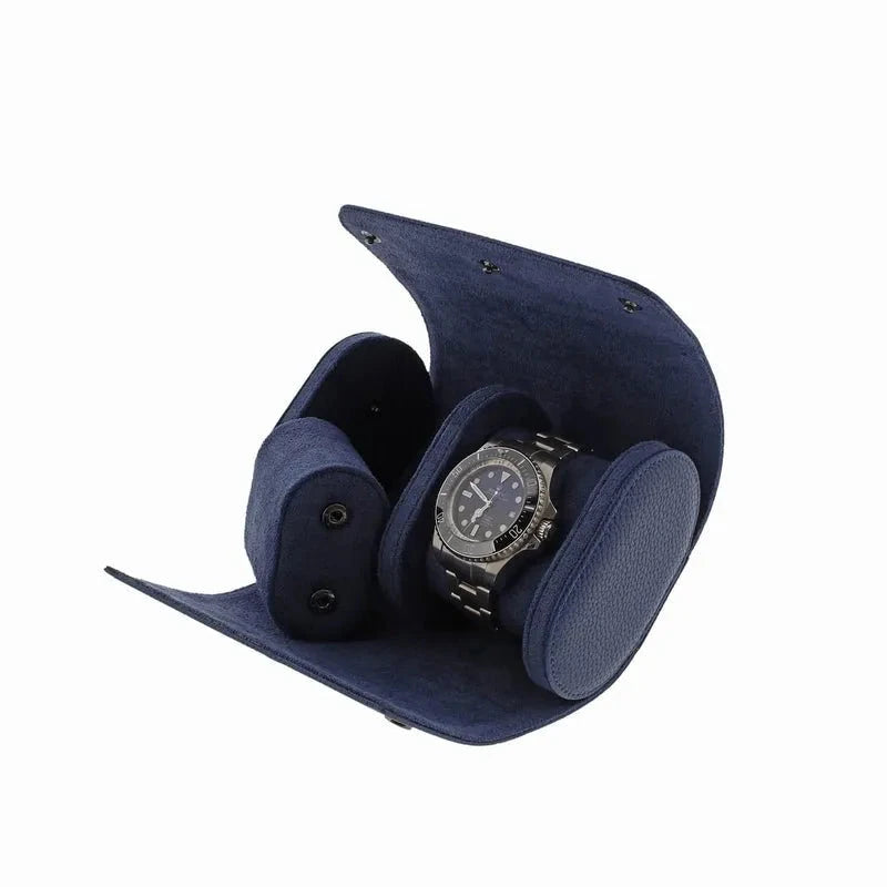 Premium Double Watch Roll in Blue Leather with Super Soft Suede Lining