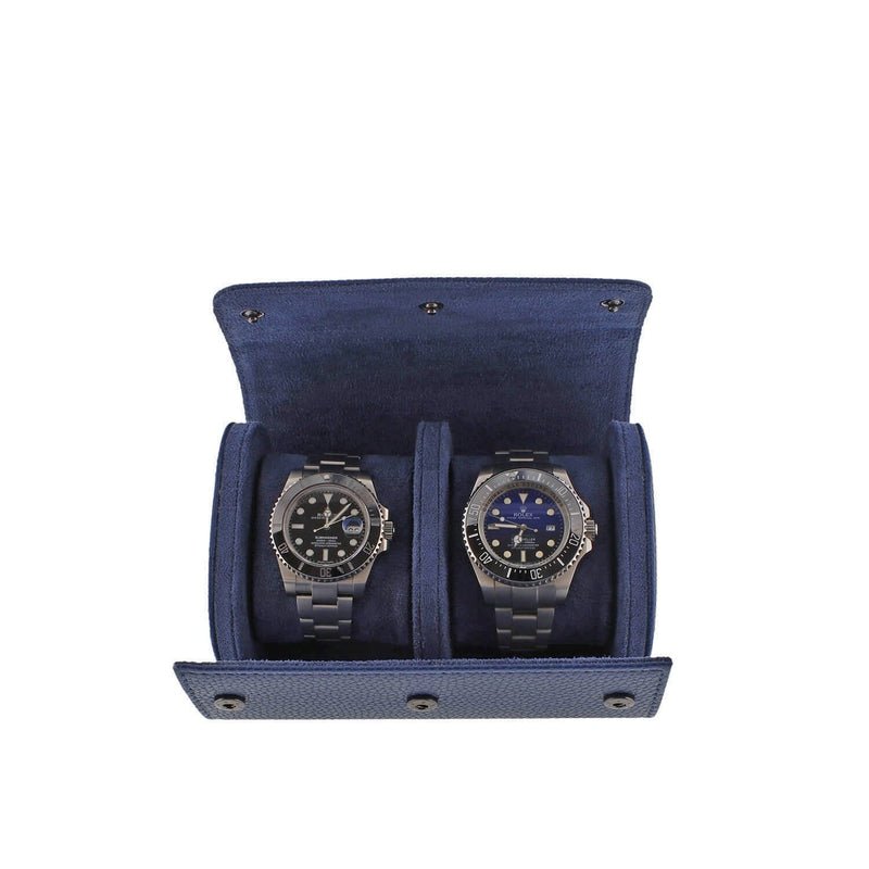Premium Double Watch Roll in Blue Leather with Super Soft Suede Lining