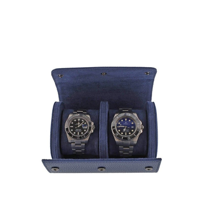 Premium Double Watch Roll in Blue Leather with Super Soft Suede Lining