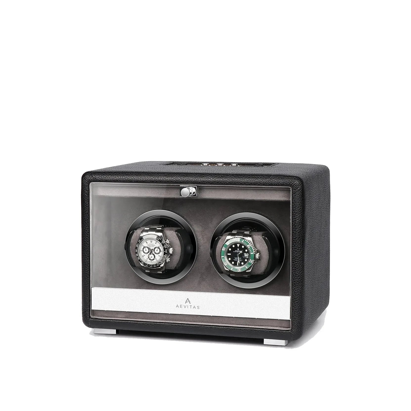Premium Dual Watch Winder Black Genuine Leather Mains Powered by Aevitas