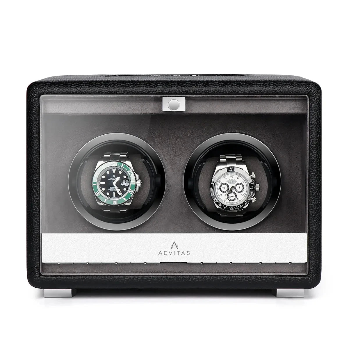 Premium Dual Watch Winder Black Genuine Leather Mains Powered by Aevitas