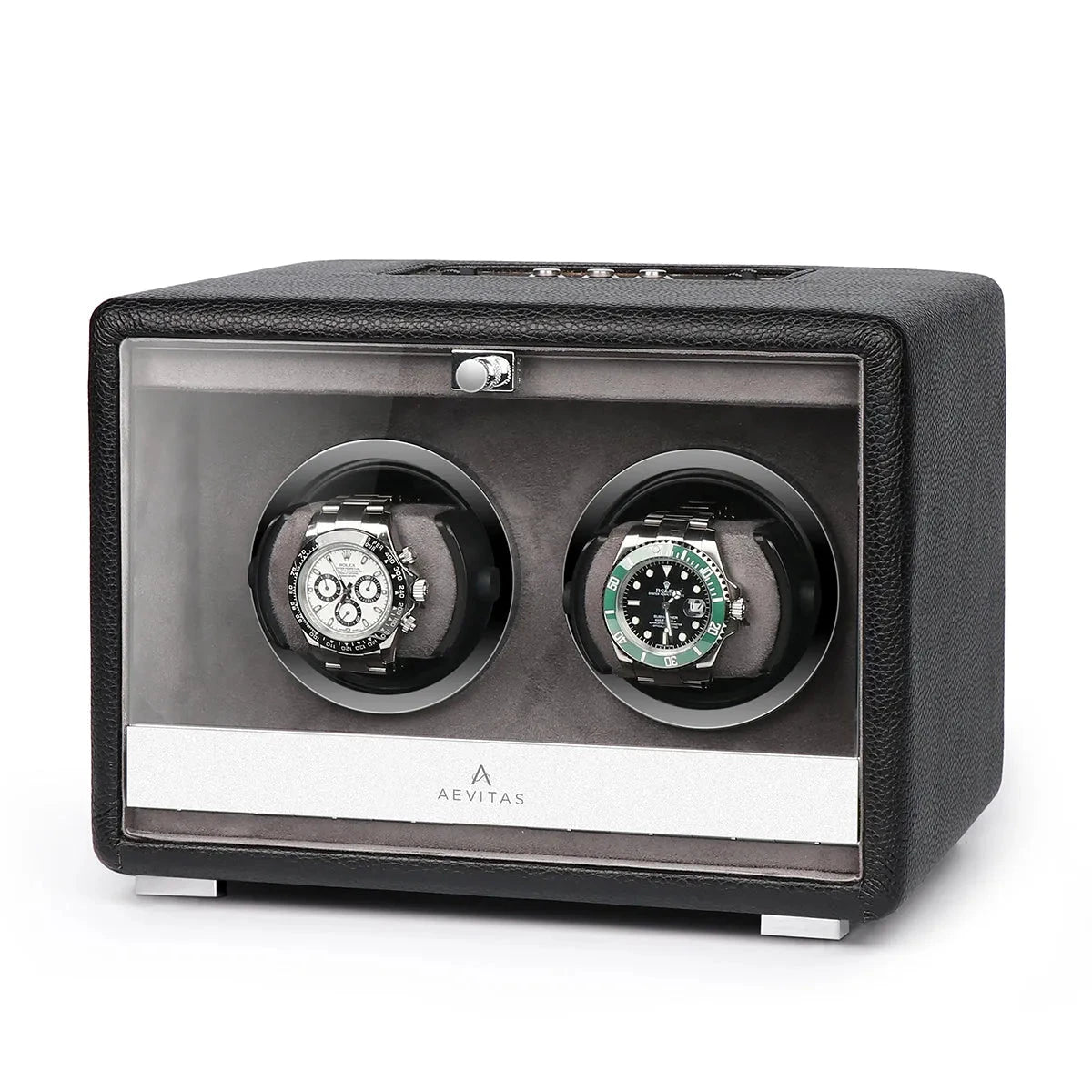 Premium Dual Watch Winder Black Genuine Leather Mains Powered by Aevitas