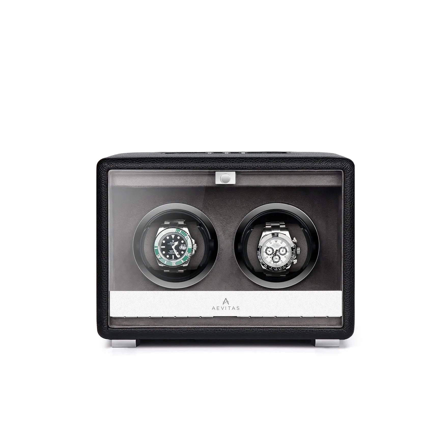 Premium Dual Watch Winder Black Genuine Leather Mains Powered by Aevitas