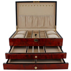 Aevitas extra large camphor finish jewellery box with buscuit lining, open with drawers extended.