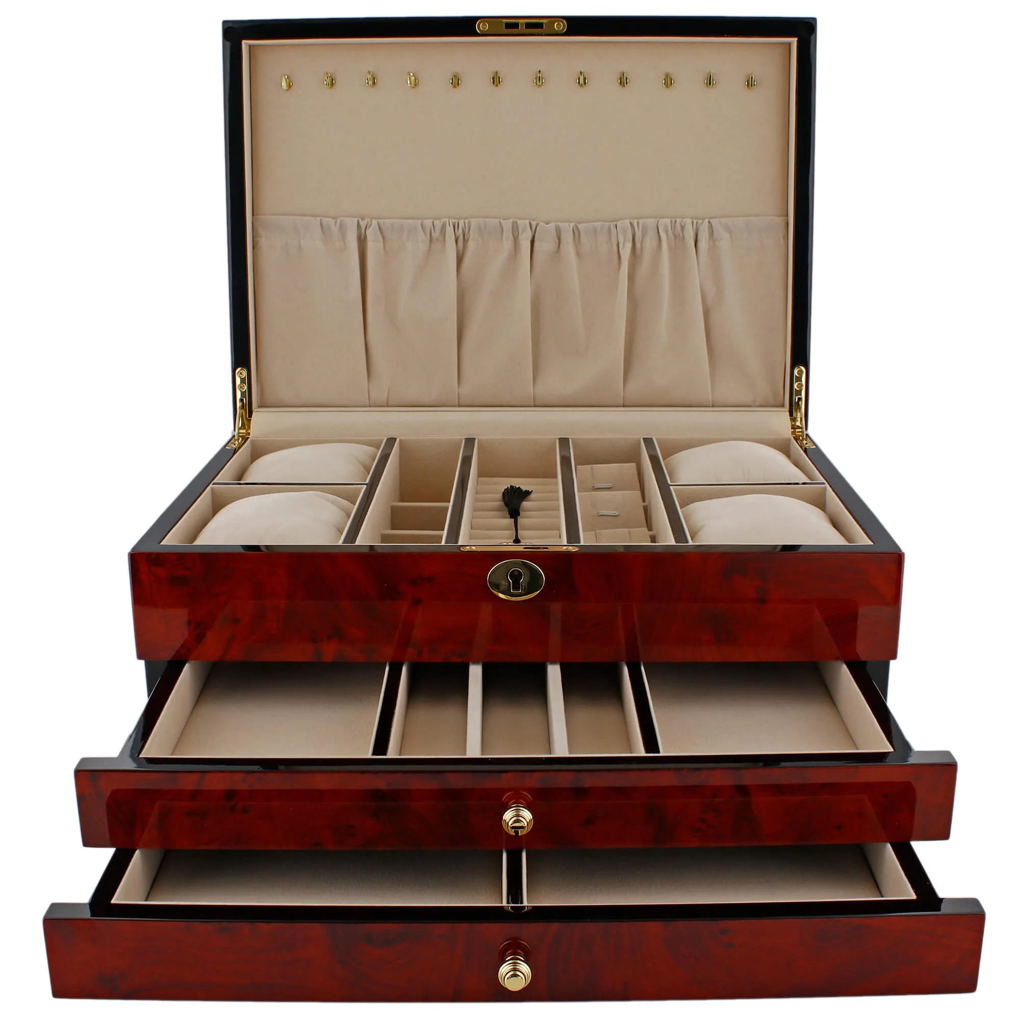 Aevitas extra large camphor finish jewellery box with buscuit lining, open with drawers extended.