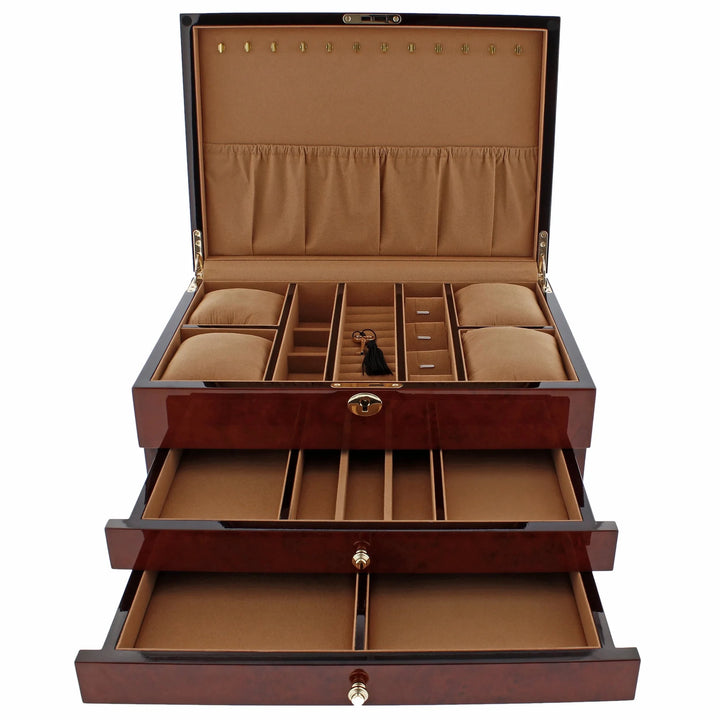 The Aevitas Premium Jewellery Box Extra Large, with a camphor finish and camel lining, features three open drawers, a hinged lid, padded velvet-lined compartments for jewellery, and comes with a small key for security.