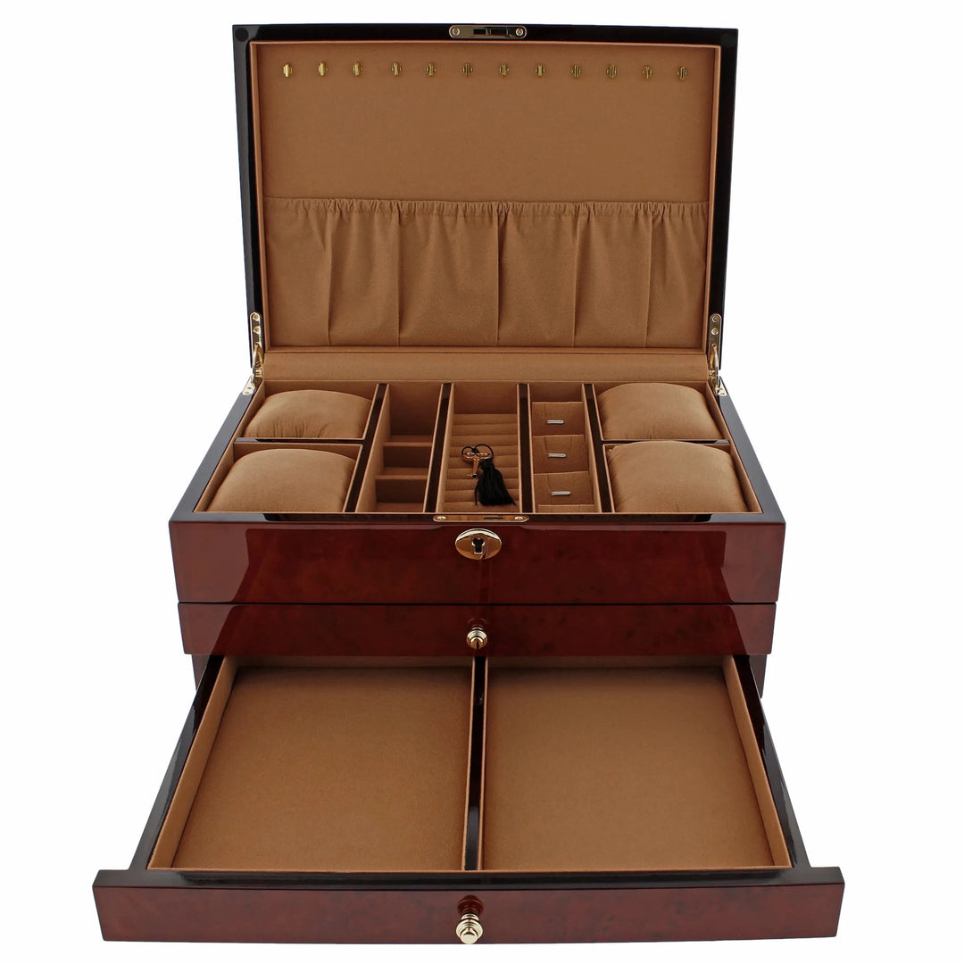 The Premium Jewellery Box Extra Large Size Camphor Finish with Camel Colour Lining by Aevitas features an open lid, compartments for rings, watches, and accessories, a pull-out drawer, and soft camel lining. Brand: Aevitas Watch Winders.