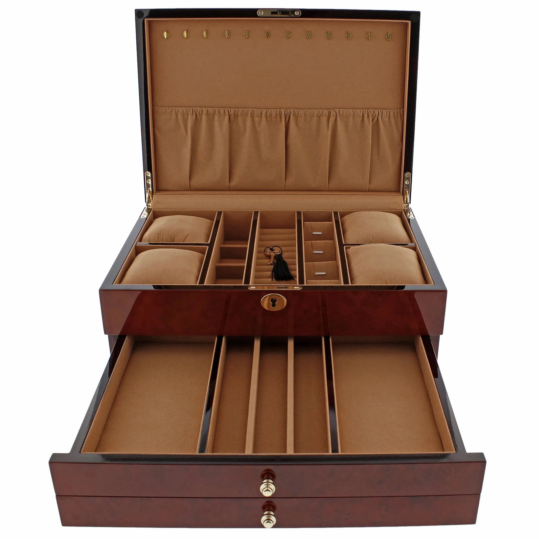 The Aevitas Premium Jewellery Box Extra Large (Camphor Finish, Camel Lining) features multiple compartments, ring holders, cushioned watch slots, lid hooks, and a spacious open lower drawer for extra storage.