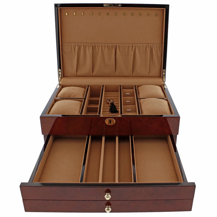 The Aevitas Premium Jewellery Box Extra Large (Camphor Finish, Camel Lining) features multiple compartments, ring holders, cushioned watch slots, lid hooks, and a spacious open lower drawer for extra storage.