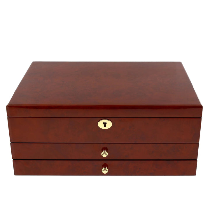 The Aevitas Premium Jewellery Box Extra Large Size features a camphor finish, camel colour lining, three drawers, and gold details for elegant storage. Crafted by Aevitas Watch Winders from polished camphor wood with a glossy look.