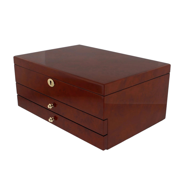 The Aevitas Premium Jewellery Box Extra Large, by Aevitas Watch Winders, features a camphor finish, camel colour lining, keyhole front, and two drawers with gold-coloured knobs.