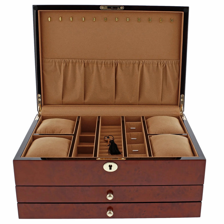 The Premium Jewellery Box Extra Large Size Camphor Finish with Camel Colour Lining by Aevitas Watch Winders features organized compartments, necklace hooks, ring slots, padded cushions, two drawers below, and a tasselled key.