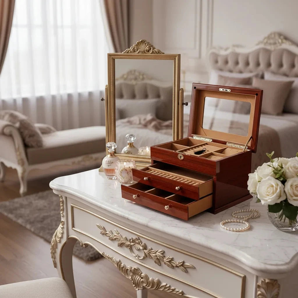 The Premium Jewellery Box Extra Large Size Mahogany Wood with Camel Colour Lining by Aevitas Watch Winders sits open on a white vanity, surrounded by perfume bottles, a pearl necklace, and white roses in a softly lit, elegant bedroom.