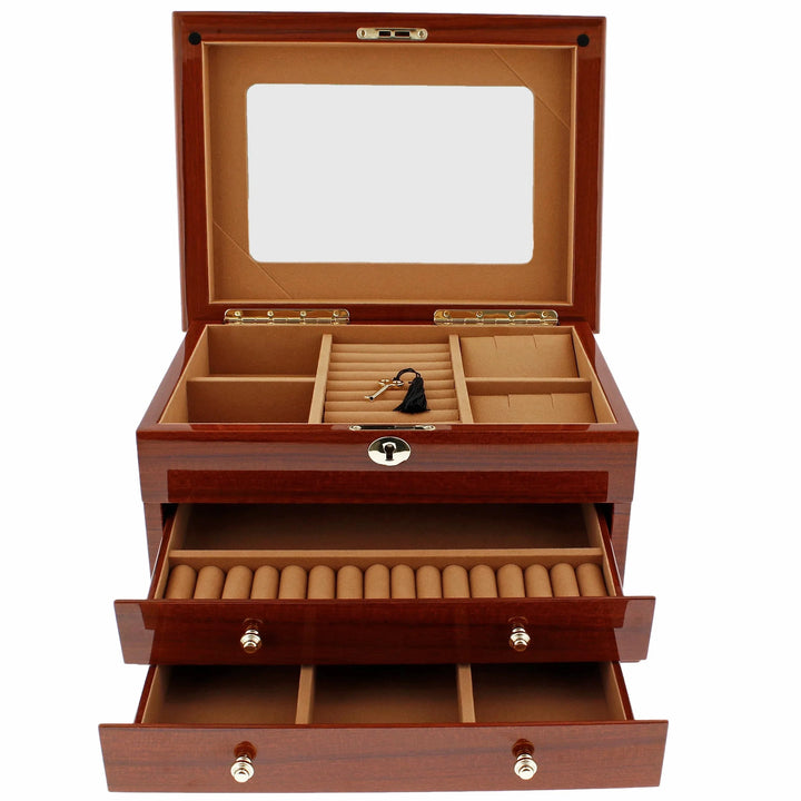 The Aevitas Premium Jewellery Box Extra Large Size in mahogany wood features a glass lid, lock and key, lower drawer with ring slots and sections, plus multiple compartments, all lined with camel-colour fabric for elegant storage.