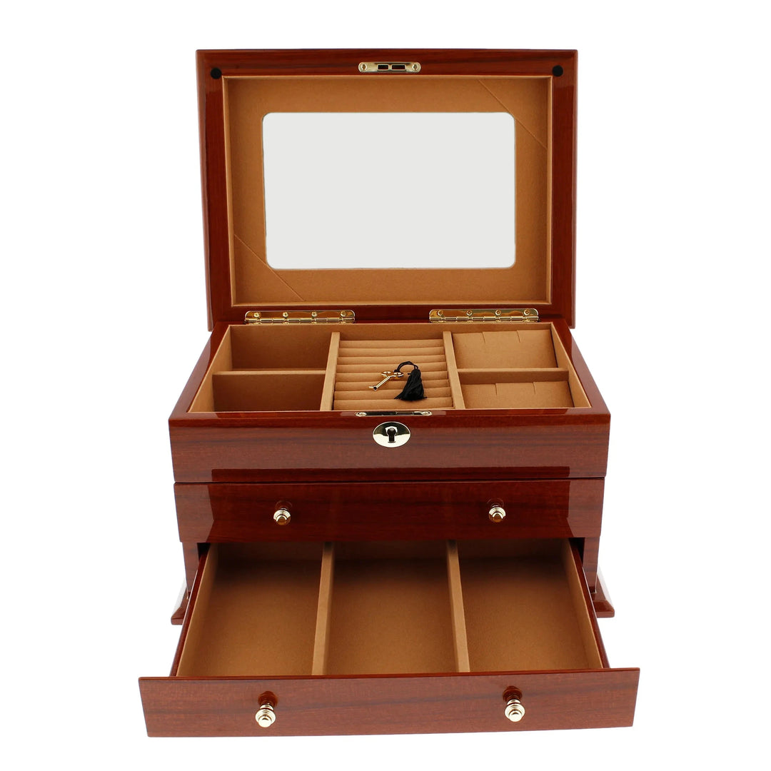 The Aevitas Premium Jewellery Box Extra Large Size in mahogany wood features a mirrored lid, multiple compartments, and soft camel colour lining—ideal for elegant jewellery storage and organization.
