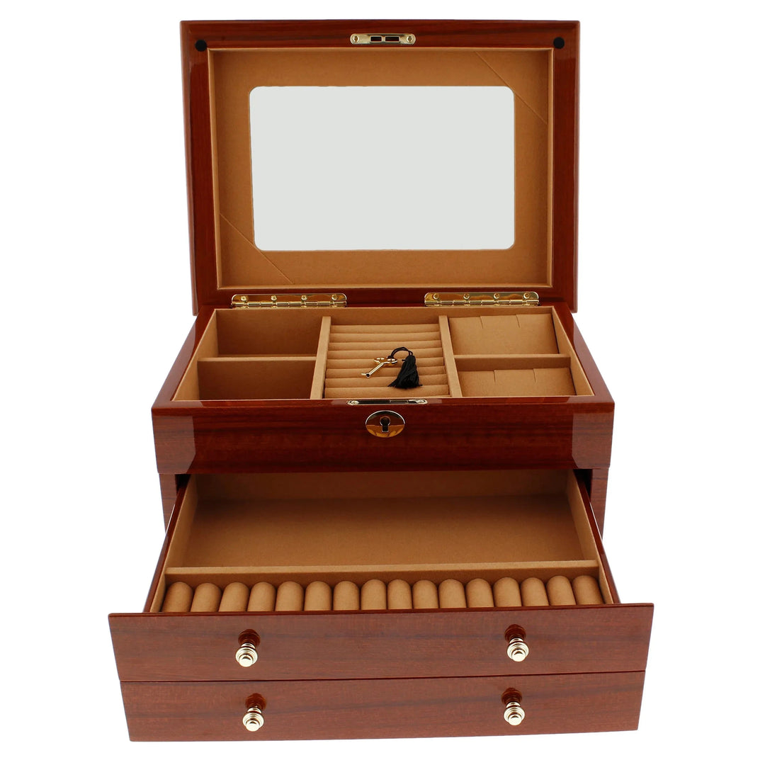 The Aevitas Watch Winders Premium Jewellery Box Extra Large Size features a mahogany wood finish, camel colour lining, multiple compartments, an interior mirror, ballerina figure, and open drawer with ring slots for elegant storage.