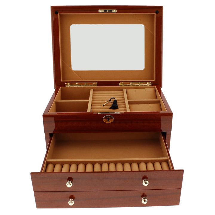 The Aevitas Watch Winders Premium Jewellery Box Extra Large Size features a mahogany wood finish, camel colour lining, multiple compartments, an interior mirror, ballerina figure, and open drawer with ring slots for elegant storage.