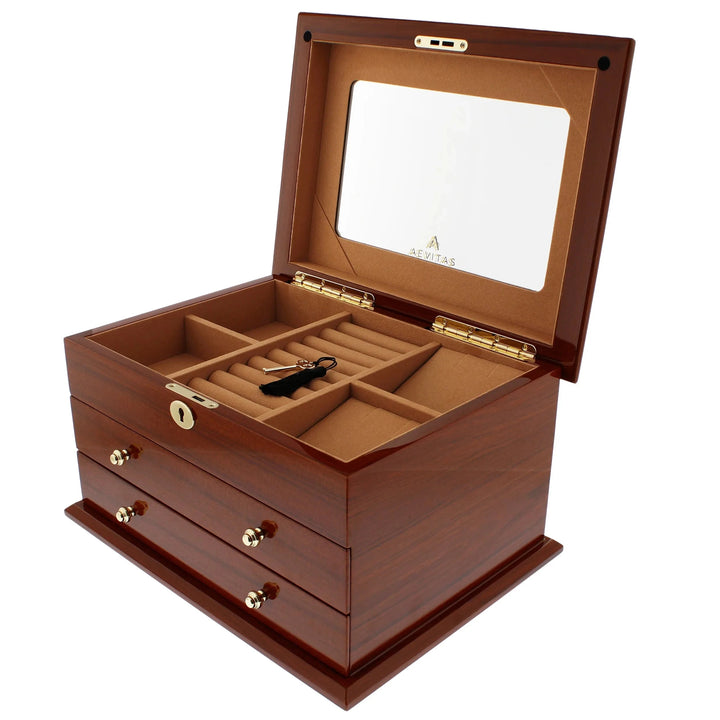The Premium Jewellery Box Extra Large Size Mahogany Wood with Camel Colour Lining by Aevitas (Aevitas Watch Winders) features a glass lid, multiple compartments, ring rolls, two gold-knob drawers, and a lock for secure and elegant jewellery storage.