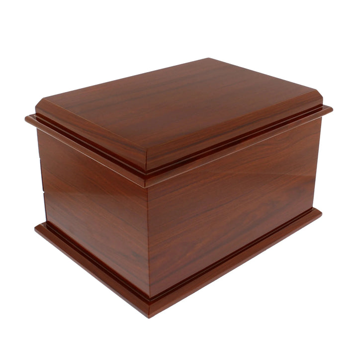 The Aevitas Watch Winders Premium Jewellery Box, Extra Large Mahogany Wood with camel colour lining, features a glossy finish and beveled edges—perfect for elegant jewellery storage or as a keepsake chest.