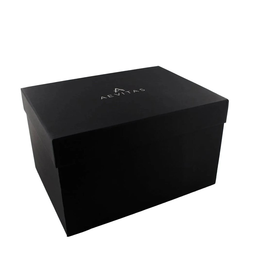 The Extra Large Premium Jewellery Box by Aevitas Watch Winders features white wood, camel lining, and a lid with the AEVITAS logo in white. Displayed on a white background, it's perfect for elegant jewellery storage.