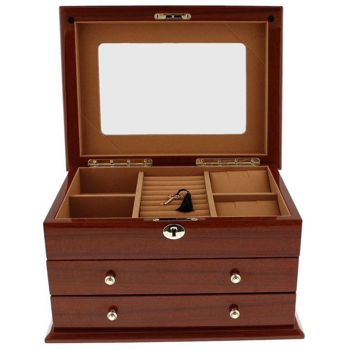 The Premium Jewellery Box Extra Large by Aevitas Watch Winders features a mahogany wood finish, camel colour lining, open lid with mirror, multiple compartments and ring slots, two drawers with metal knobs, and a secure key for elegant storage.