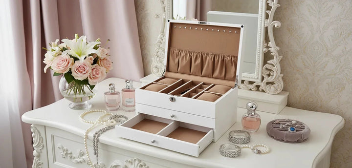The Aevitas Watch Winders Premium Jewellery Box Extra Large in white gloss with camel lining sits open on a vintage vanity, surrounded by pearl necklaces, silver jewelry, perfume bottles, and a vase of pink roses and white lilies before an ornate mirror.