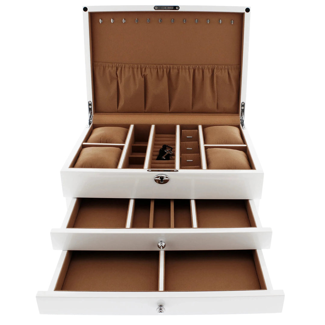 The Aevitas Premium Jewellery Box Extra Large in white gloss finish features a hinged lid, camel colour lining, ring slots, watch cushions, and two pull-out drawers with dividers for organized accessory storage.