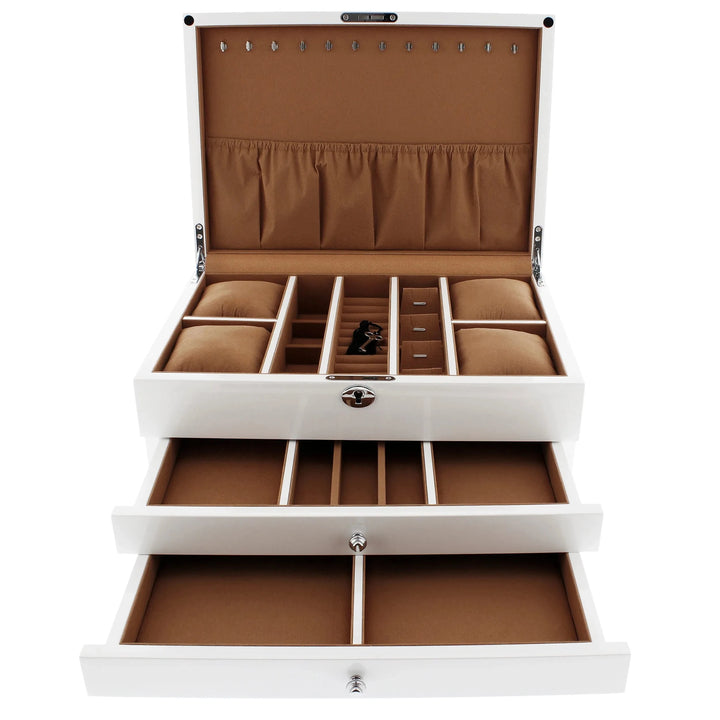 The Aevitas Premium Jewellery Box Extra Large in white gloss finish features a hinged lid, camel colour lining, ring slots, watch cushions, and two pull-out drawers with dividers for organized accessory storage.