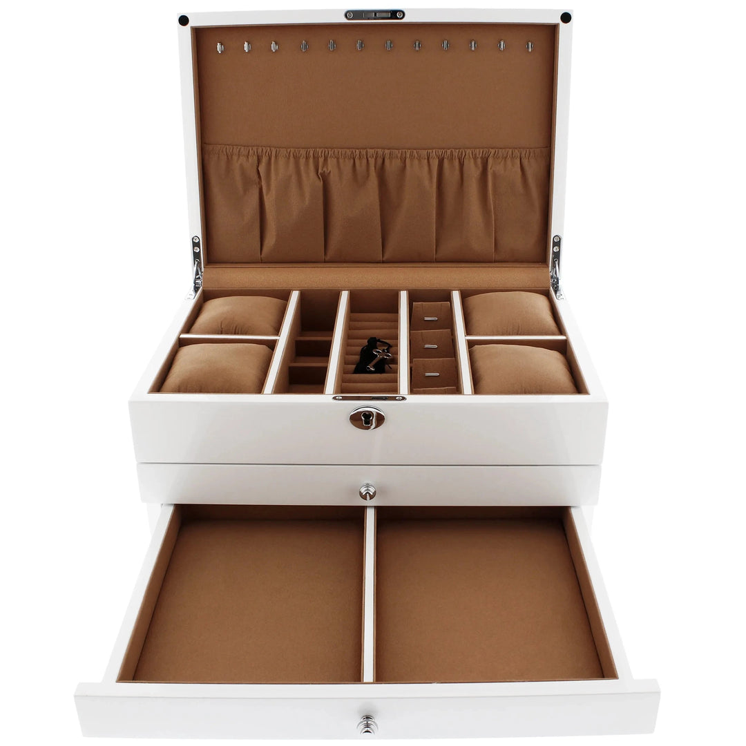 The Aevitas Premium Jewellery Box Extra Large features a white gloss finish, camel colour lining, four cushioned ring sections, compartments for bracelets and necklaces, plus an open drawer with two large sections—luxurious storage by Aevitas Watch Winders.