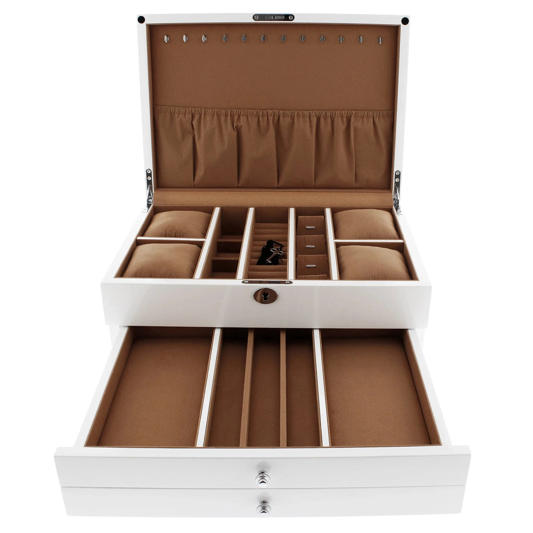 The Premium Jewellery Box Extra Large in White Gloss with Camel Colour Lining by Aevitas Watch Winders offers elegant storage for your precious pieces.