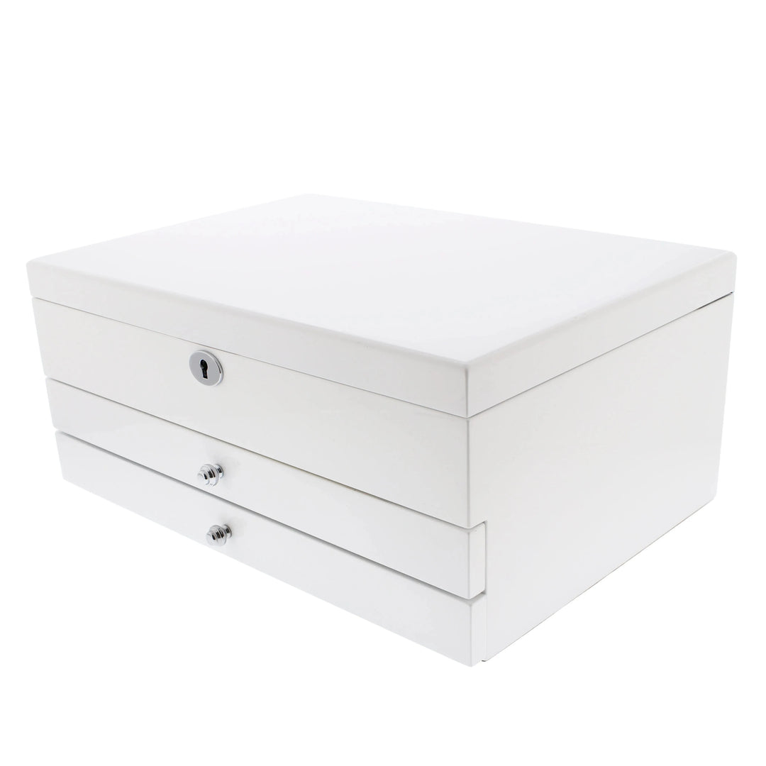 The Premium Jewellery Box Extra Large Size in white gloss finish with camel colour lining by Aevitas Watch Winders is shown against a plain white background, featuring a lockable top and two spacious drawers.