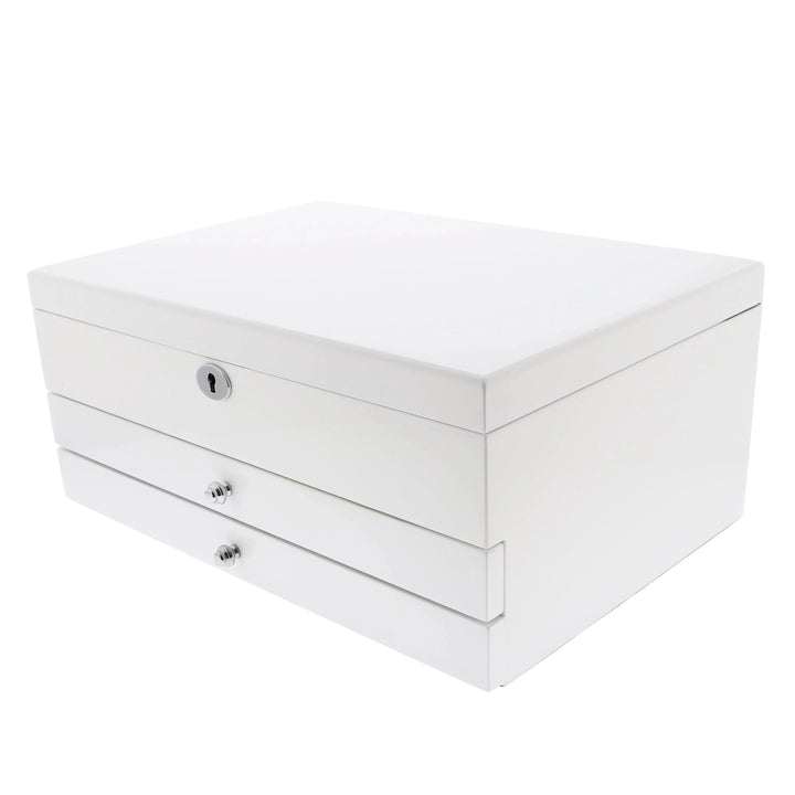 The Premium Jewellery Box Extra Large Size in white gloss finish with camel colour lining by Aevitas Watch Winders is shown against a plain white background, featuring a lockable top and two spacious drawers.
