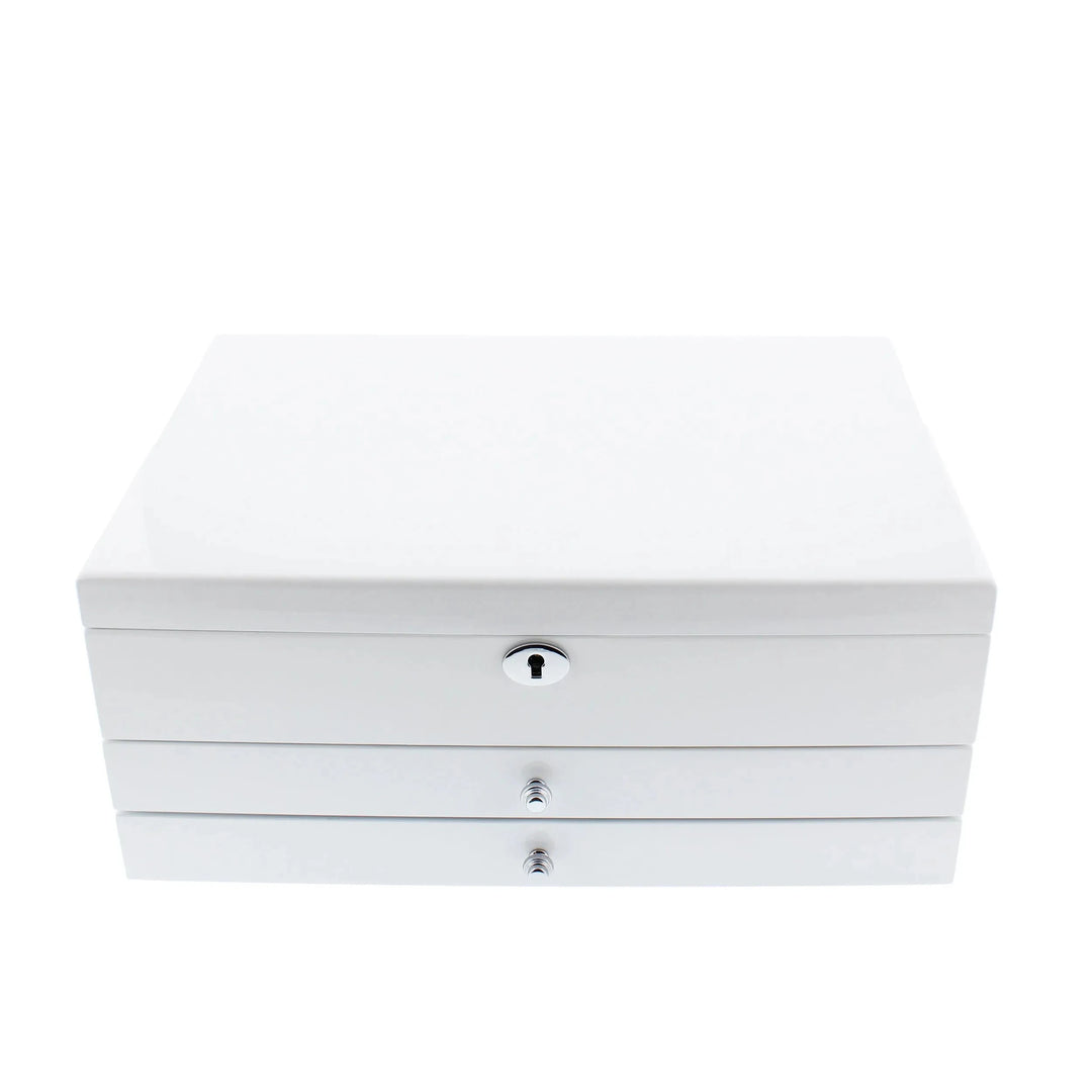 The Aevitas Premium Jewellery Box, extra large in white gloss with camel lining and three drawers, features metallic keyholes and is shown against a plain white background.