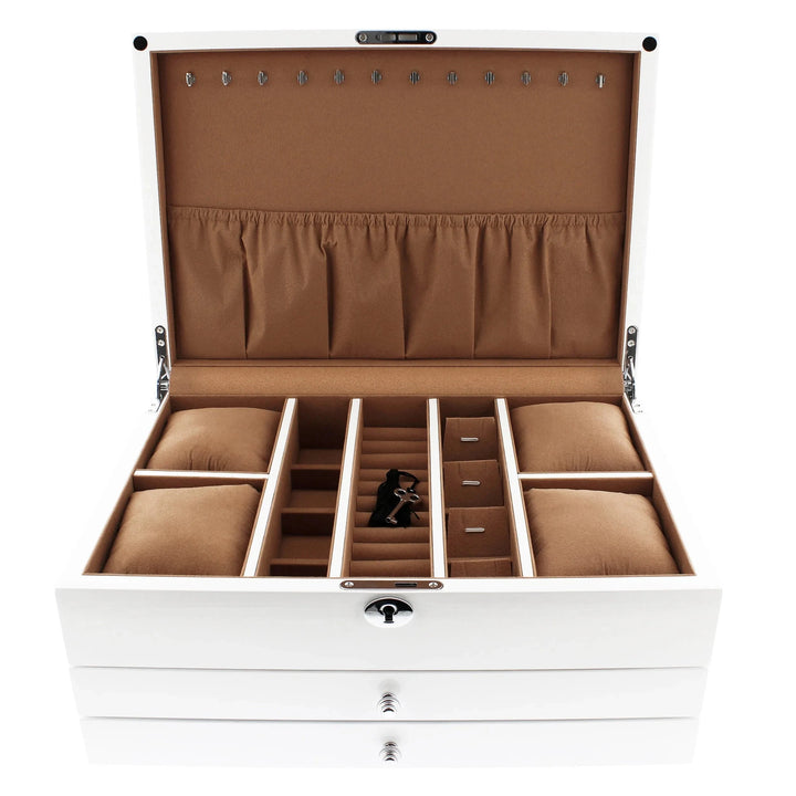 The Premium Jewellery Box Extra Large by Aevitas Watch Winders features a white gloss finish, camel-coloured lining, ring holders, watch cushions, necklace hooks with key lock, and two drawers beneath the main compartment.