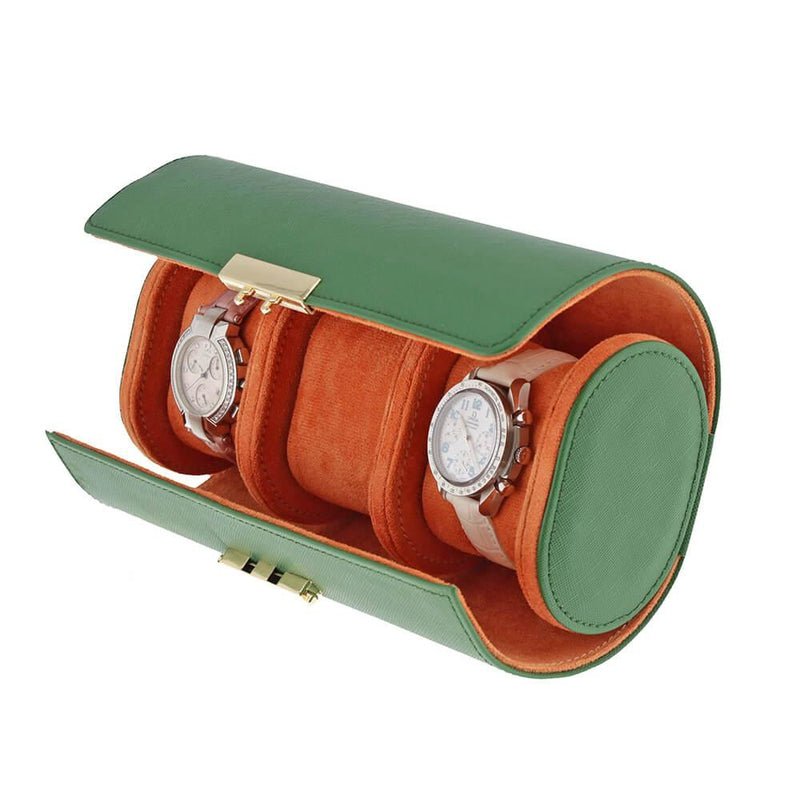 Premium Ladies 3 Watch Roll in Emerald Green Saffiano Leather Soft Orange Lining