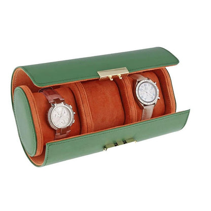 Premium Ladies 3 Watch Roll in Emerald Green Saffiano Leather Soft Orange Lining