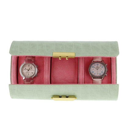 Premium Ladies 3 Watch Roll in Sea Green Croc Leather Soft Pink Lining