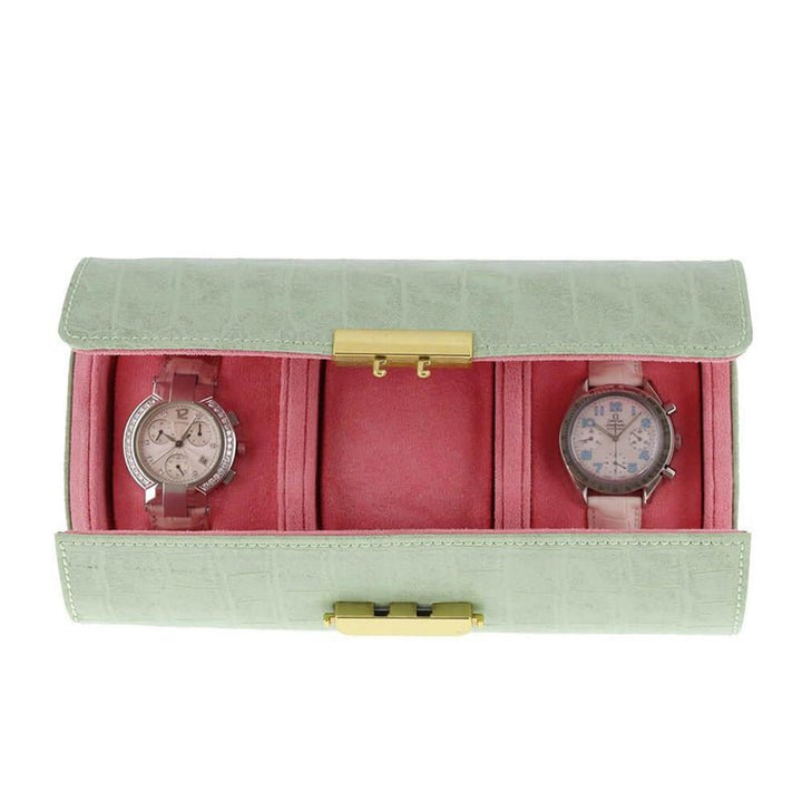 Premium Ladies 3 Watch Roll in Sea Green Croc Leather Soft Pink Lining