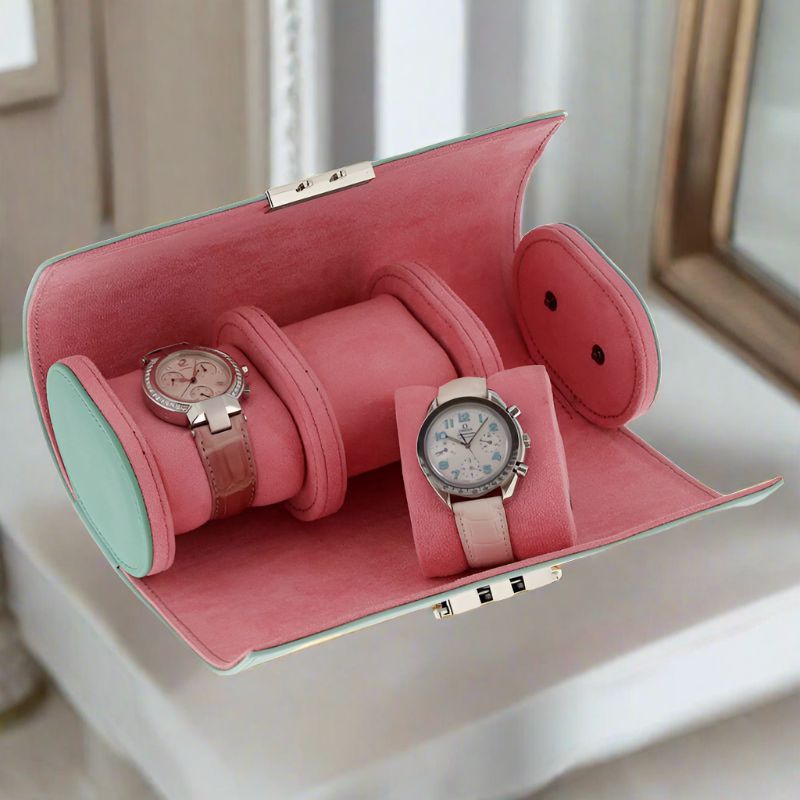 Premium Ladies 3 Watch Roll in Tiffany Blue Saffiano Leather Soft Pink Lining