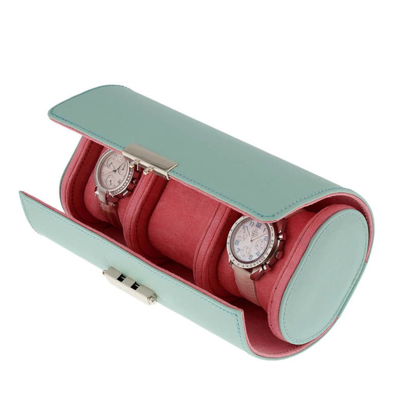 Premium Ladies 3 Watch Roll in Tiffany Blue Saffiano Leather Soft Pink Lining