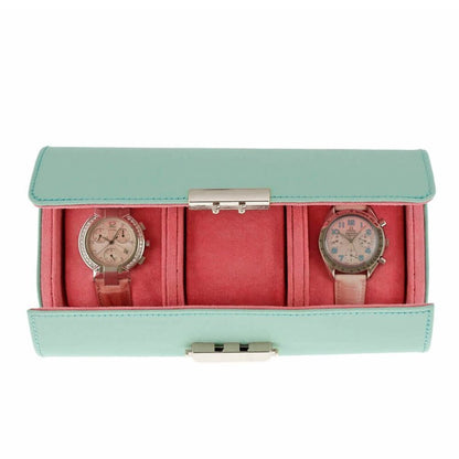 Premium Ladies 3 Watch Roll in Tiffany Blue Saffiano Leather Soft Pink Lining