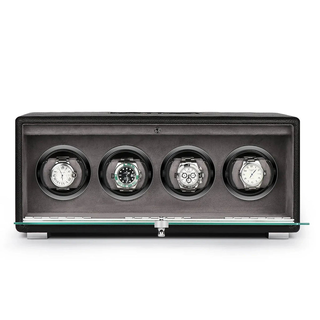 Premium Quad Watch Winder Black Genuine Leather Mains Powered by Aevitas