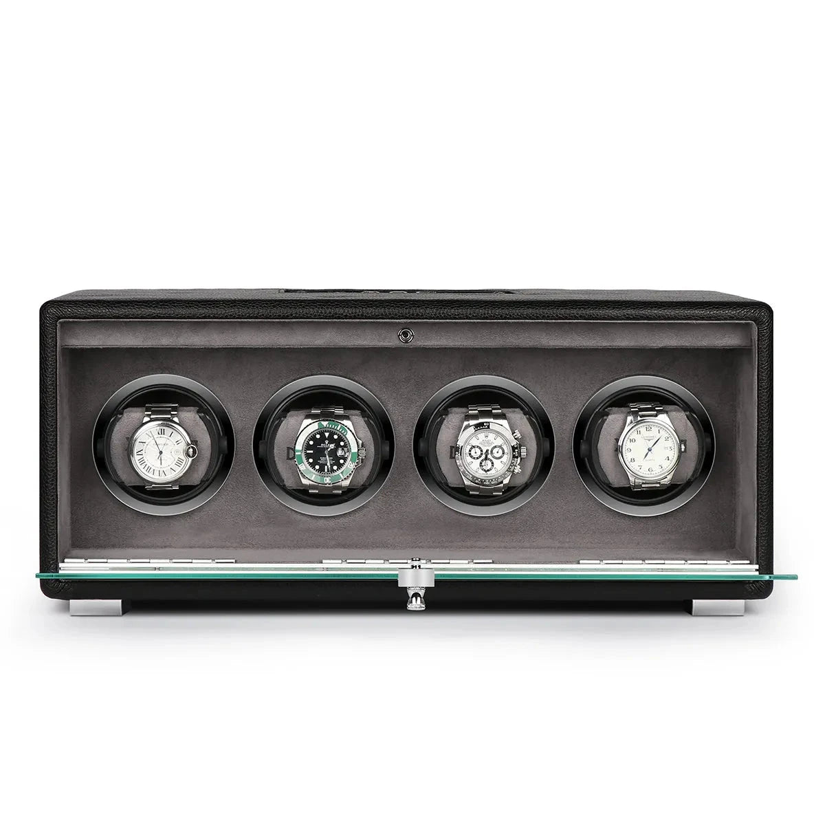 Premium Quad Watch Winder Black Genuine Leather Mains Powered by Aevitas