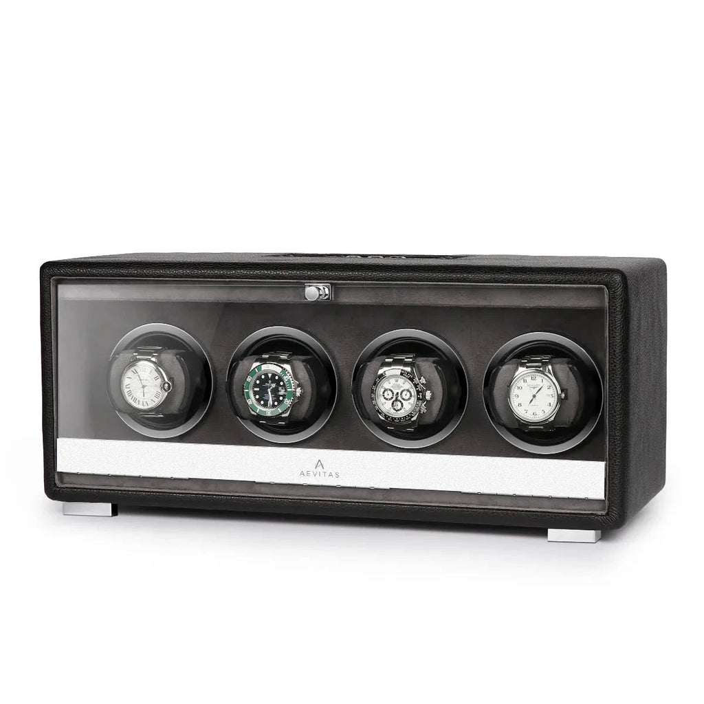 Premium Quad Watch Winder Black Genuine Leather Mains Powered by Aevitas