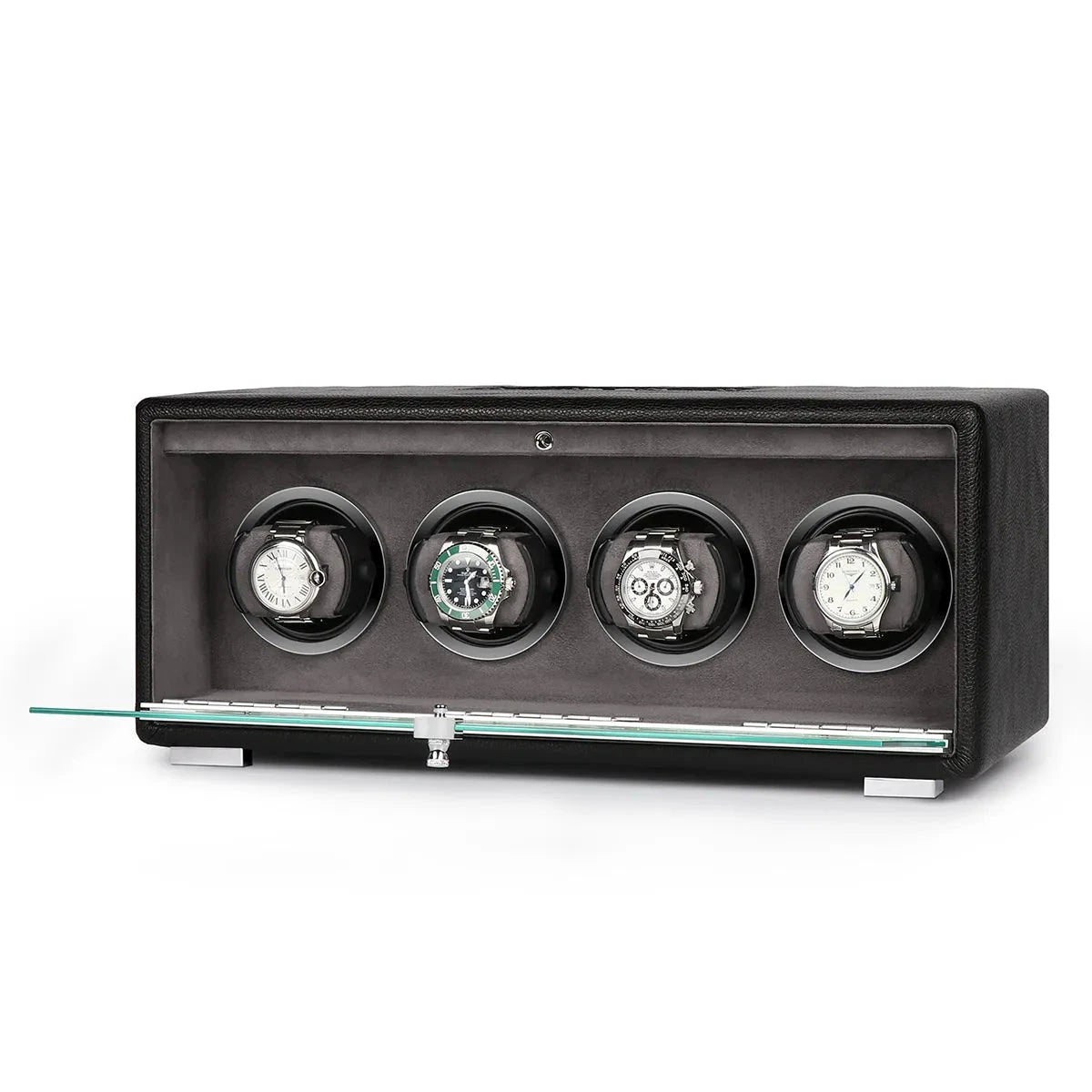 Premium Quad Watch Winder Black Genuine Leather Mains Powered by Aevitas