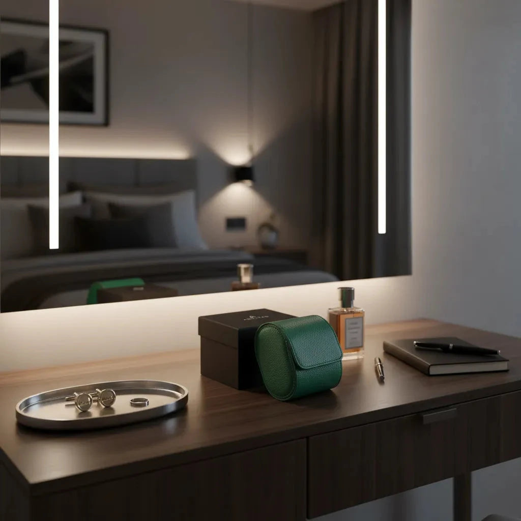 Premium Single Watch Roll Green Leather with Super Soft Suede Lining